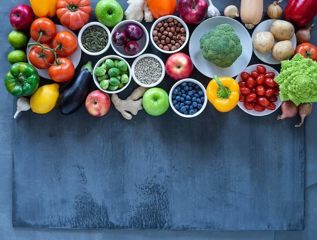 Healthy eating ingredients: fresh vegetables, fruits and superfood. Nutrition, diet, vegan food concept